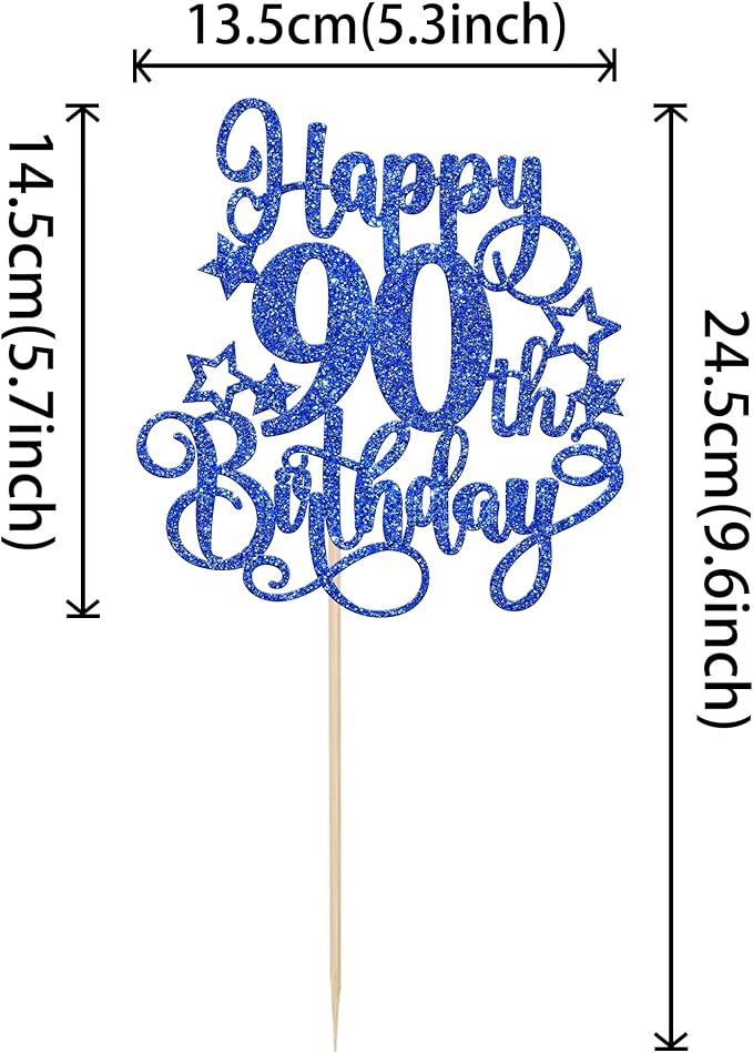 1 PCS Happy 90th Birthday Cake Topper Glitter Cheers to 90 Years Birthday Cake Pick Hello 90 Fabulous Cake Decoration for Happy 90th Birthday Anniversary Party Decorations Supplies Blue
