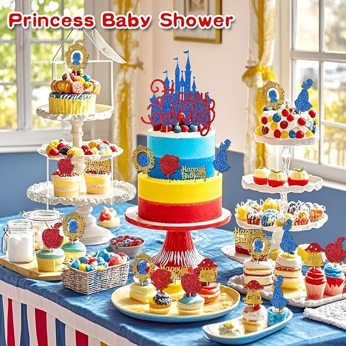 26Pcs Glitter Princess Cake Topper Set with Royal Blue Castle Happy Birthday Cake Toppers Red Rose Apple Cupcake Toppers for Princess Winter Wonderland Forest Baby Shower Party Decor