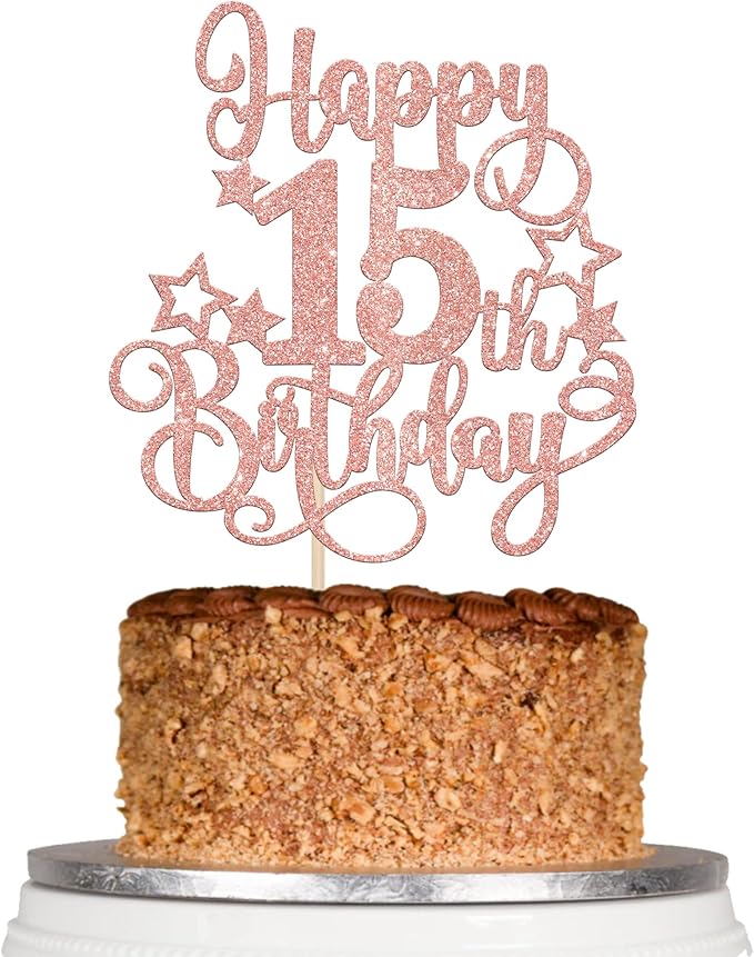 1 PCS Happy 15th Birthday Cake Topper Glitter Cheers to 15 Years Birthday Cake Pick Hello 15 Fabulous Cake Decoration for Happy 15th Birthday Anniversary Party Decorations Supplies Rose Gold