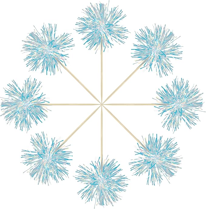 Gyufise 30Pcs Foil Firework Cupcake Toppers Sparkle Tinsel Cake Toppers Tinsel Drink Cake Decoration Cocktail Picks for Birthday Wedding Graduation Party Supplies Laser Blue