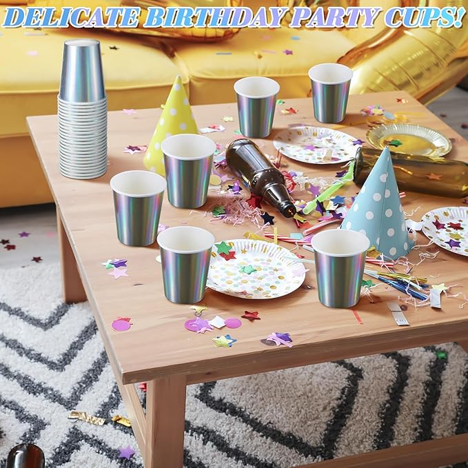 Funtery 100 Pcs Iridescent Paper Cups 9 oz Holographic Disposable Party Cups Beverage Drinkware Supplies for Bachelorette Birthday Disco Baby Shower Mermaid Party Wedding Anniversary Engagement
