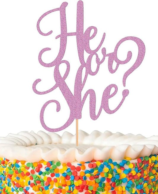 He or She Cake Topper - Glitter Gold Gender Reveal Cake Topper Decorations, Suitable for Baby Shower Favors, Baby Gender Reveal, Baby Birthday Party or Baby Photo Booth Props (Purple)