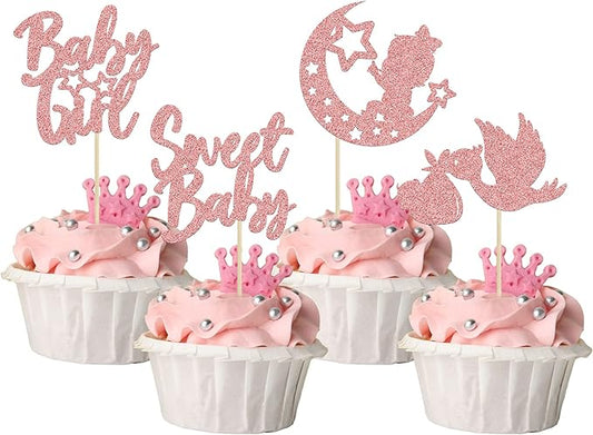 24Pcs Sweet Baby Girl Cupcake Toppers Rose Gold Glitter Moon Star Baby Shower Cupcake Picks Decorations for Gender Reveal Baby Shower Kids Girls Birthday Party Supplies