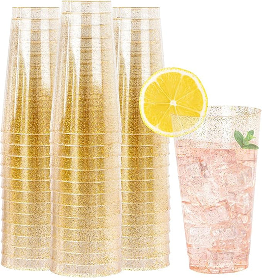 I00000 16 oz Gold Plastic Cups, 50 Pack Gold Glitter Plastic Cups Tumblers Disposable Party Cup Wedding Cup, Heavy-duty Plastic Disposable Glasses Ideal for Halloween,Thanksgiving and Christmas
