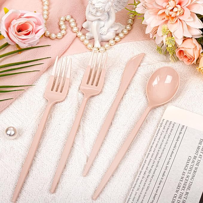 PULOTE 150PCS Pink Plastic Silverware - Plastic Cutlery Heavy Duty - Pink Utensils Set Disposable Include 50 Forks, 50 Spoons, 50 Knives for Wedding, Party & Mother’s Day