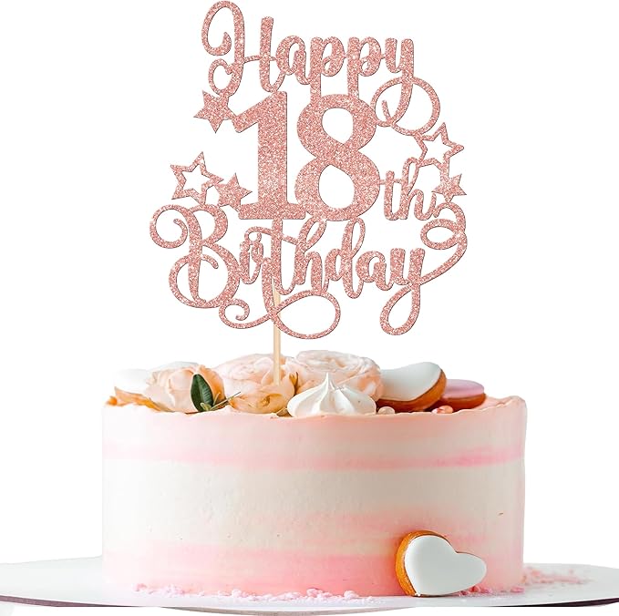 1 PCS Happy 18th Birthday Cake Topper Glitter Cheers to 18 Years Birthday Cake Pick Hello 18 Fabulous Cake Decoration for Happy 18th Birthday Anniversary Party Decorations Supplies Rose Gold