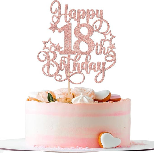 1 PCS Happy 18th Birthday Cake Topper Glitter Cheers to 18 Years Birthday Cake Pick Hello 18 Fabulous Cake Decoration for Happy 18th Birthday Anniversary Party Decorations Supplies Rose Gold