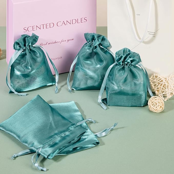 QIANF 20 Pcs Dark Green Small Organza Bags 4X6 inch for Wedding Favors with Drawstring, Mini Mesh Gift Bags Jewelry Pouch for Candy Bridal Shower Party Favor Baby Shower Christmas