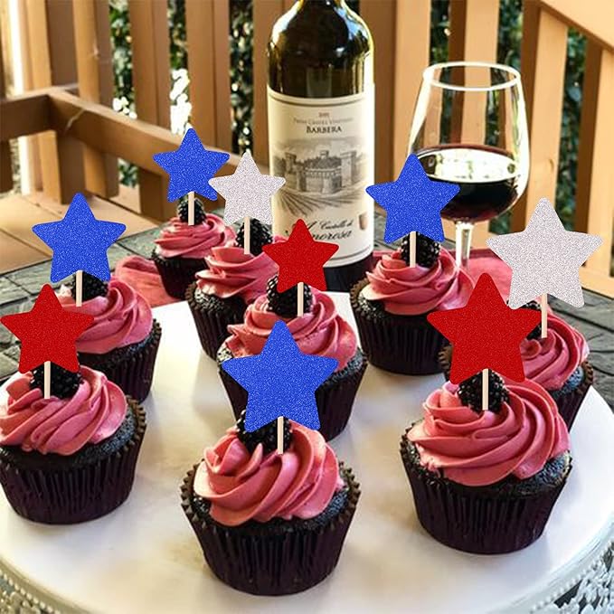 30 PCS Independence Day Cupcake Toppers Glitter Blue Red Silver Twinkle Little Star Cupcake Picks Wedding Bridal Shower Baby Shower Birthday American National Party Cake Decorations Supplies