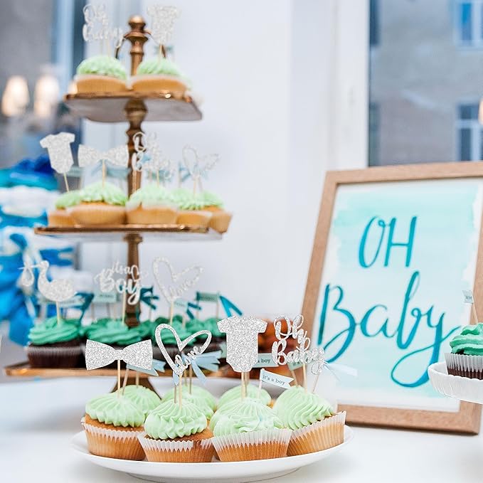 Gyufise 36 Pack Oh Baby Cupcake Toppers It's a Boy Cupcake Toppers with Tie Onesie Love Heart Deep Silver Glitter Babyshower Cake Picks Decorations for Baby Shower Boy Birthday Party Supplies