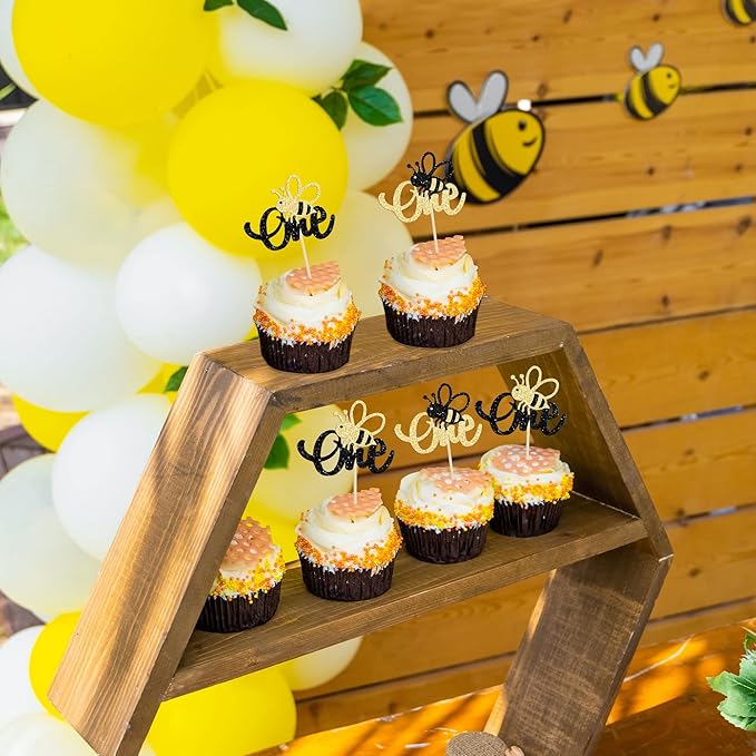 24Pcs Bumble Bee One Cupcake Toppers Glitter 1st Birthday Party Cupcake Picks Decorations for Bee Theme Baby Shower Kids First Birthday Party Supplies