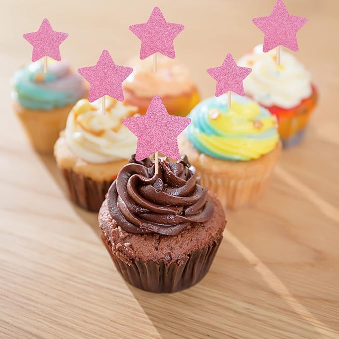 30 PCS Little Star Cupcake Toppers Glitter Twinkle Star Cupcake Picks Wedding Engagement Bridal Shower Baby Shower Birthday Party Cake Decorations Supplies Mixed Size Pink
