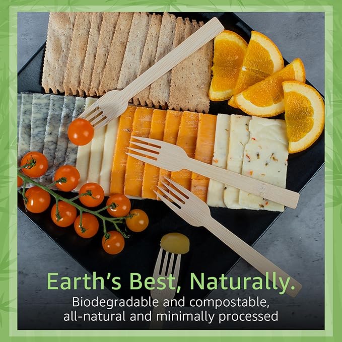100% Bamboo Forks Set - High End Disposable Cutlery (100 Biodegradable Forks) | Reusable or Disposable Bamboo Utensils | Compostable FSC Certified Flatware for Weddings, Camping, Parties