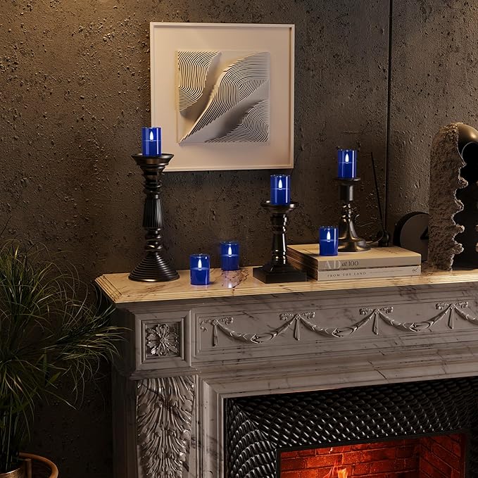 12Pack Flickering Flameless LED Candles with Timer, Battery Powered - Small Pillar & Votive, Acrylic Made, Blue (2"X3")