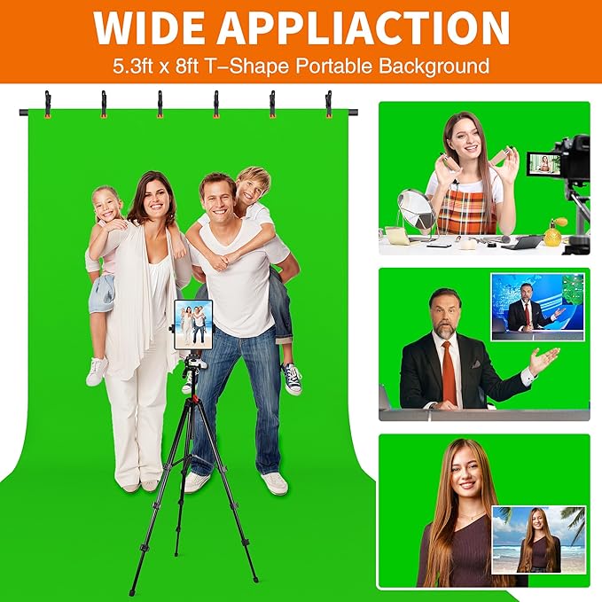 Portable T-Shape Backdrop Stand Support Kit 8x5.3ft, Adjustable Photography Green Screen Backdrop Stand for Parties, Photography Videography Studio (8×5.3Ft)