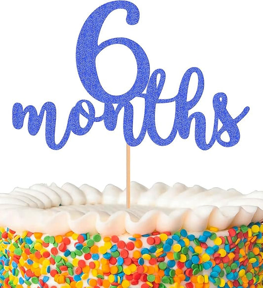 6 Months Cake Topper - Golden Glitter 1/2 Birthday Cake Decorations, Perfect for Baby Shower/Gender Reveal Party/Baby Party Photo Booth Props (Dark Blue)