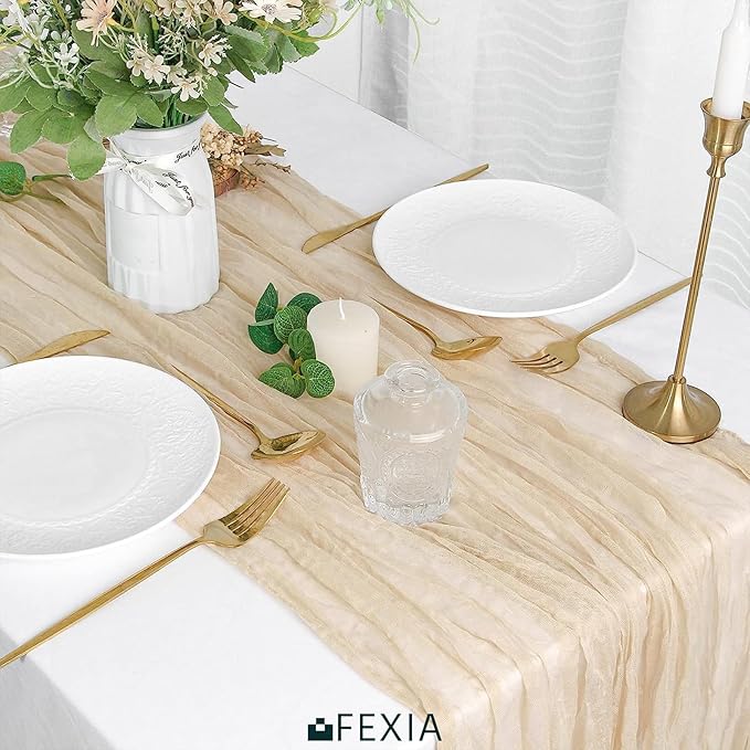FEXIA 4 Pack Beige Table Runner 35x120 Inches for Baby Shower Decoration Gauze Rustic Table Runner for Wedding Party First Communion Centerpiece Engagement Bridal Shower Boho Decoration