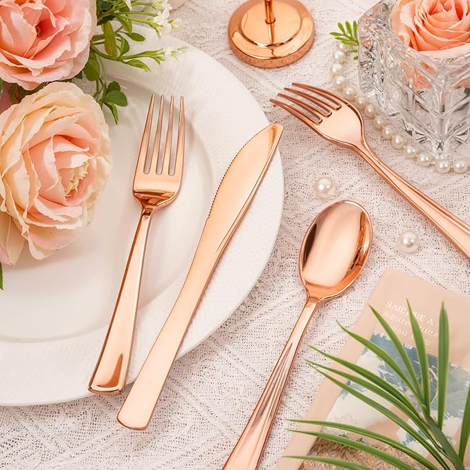 bUCLA 600PCS Rose Gold Plastic Silverware Set - Disposable Rose Gold Plastic Cutlery Include 200 Knives, 200 Forks, 200 Spoons for Party, Wedding & Mother’s Day