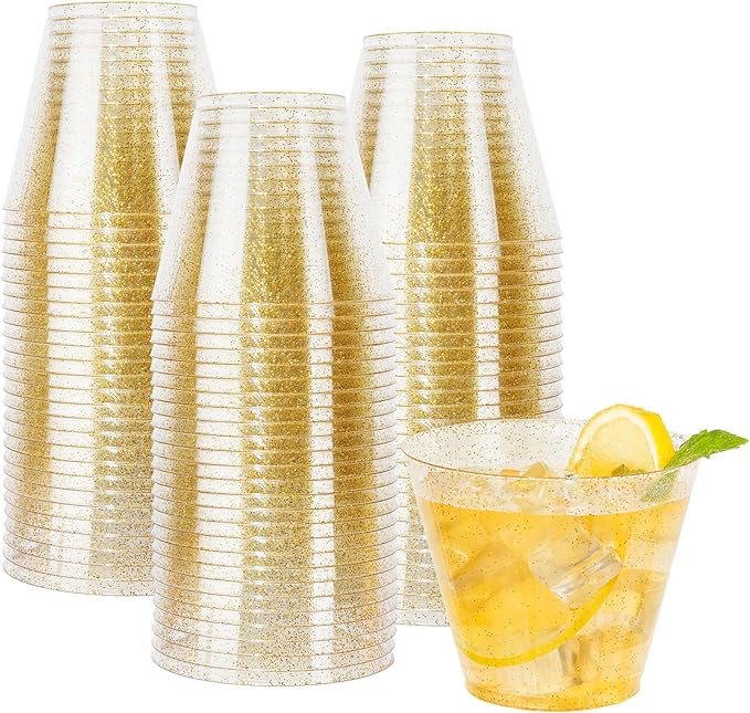 I00000 100pcs Gold Plastic Cups - 9 OZ Hard Gold Glitter Disposable Cups for Cocktail And Drinking - Premium Disposable Plastic Cups with Gold Glitter for Fancy Wedding & Elegant Party Cups