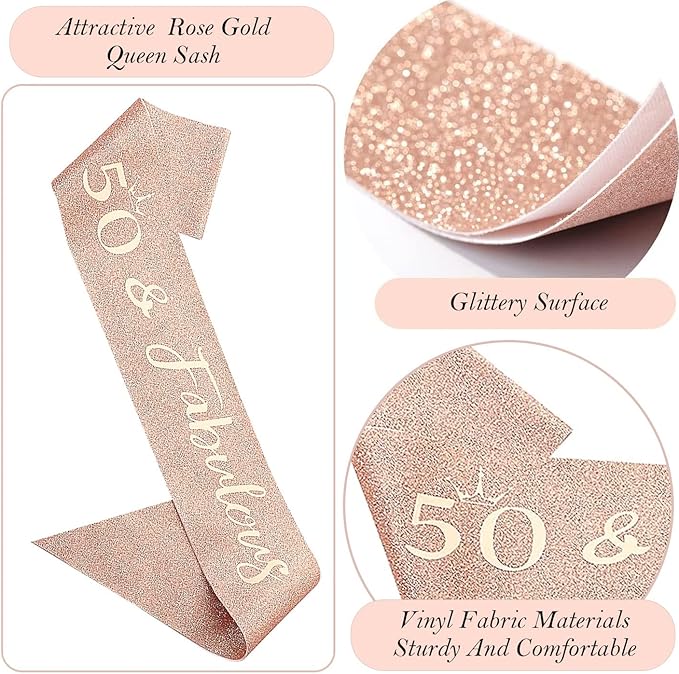 50th Birthday Gifts Decorations for Women, Including 50th Cake Toppers, Birthday Queen Sash with Pearl Pin, Sweet Rhinestone Tiara Crown, Number Candles and Balloons Set, Rose Gold