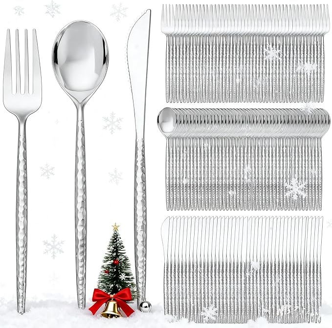SUT 300PCS Silver Plastic Silverware, Utensils Plastic Disposable, Utensils Set Includes 100 Knives, Forks and Spoons, plastic cutlery, Disposable Silverware for Party, Hammered Silverware Set