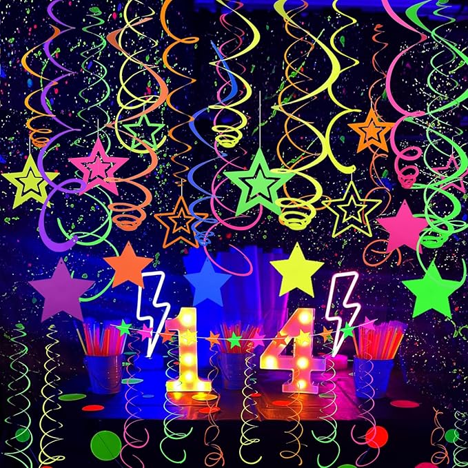 52 PCS UV Neon Rainbow Ceiling Swirl Decoration Hanging Neon Streamer for Ceiling Neon Garlands Black Light Neon Decorations for Dark Glow Party Supplies and Decorations Birthday Neon Party Favors