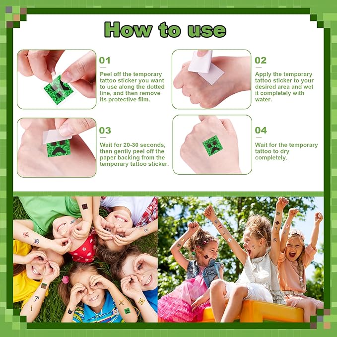 Bigear 3PCS Pixel Tablecovers with 54PCS Temporary Tattoos,Waterproof Oil-Proof Plastic Table Cloth,Video Game Party Birthday Party Decorations,Gamer Birthday Tablecloth Party Supplies