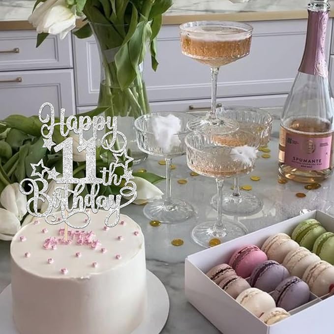 1 PCS Happy 11th Birthday Cake Topper Glitter Cheers to 11 Years Birthday Cake Pick Hello 11 Fabulous Cake Decoration for Happy 11th Birthday Anniversary Party Decorations Supplies silver