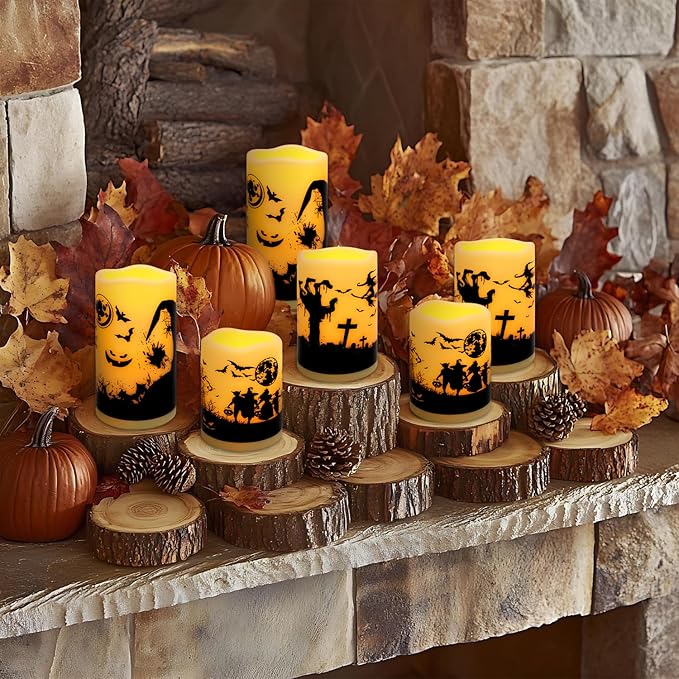 12-Pack Halloween LED Flameless Pillar Candles - Battery Operated with Remote & Timer, Flickering Warm Light, Witch/Bats/Castle Decals - Spooky Halloween Decor, Ghost Party Supplies, Gifts