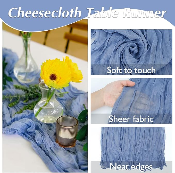 1 Pack Cheesecloth Table Runner Rustic Sheer Boho Gauze 35 x 120 Inch Centerpiece Cheese Cloth for Bridal Baby Shower Summer Spring Decorations Dusty Blue