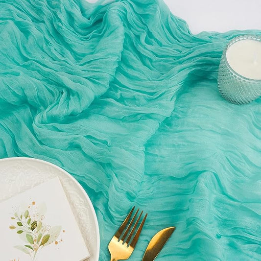 FEXIA Sky Blue Table Runner 35x120 Inches for Baby Shower Decoration Gauze Rustic Table Runner for Wedding Party First Communion Centerpiece Engagement Bridal Shower Boho Decoration