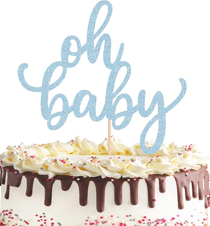 Oh Baby Cake Topper - Glitter Light Blue Baby Shower Cake Decoration Supplies, for Baby Shower/Gender Reveal Party/Baby Birthday Party Photo Booth Props