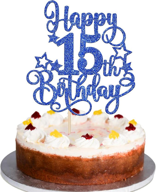 1 PCS Happy 15th Birthday Cake Topper Glitter Cheers to 15 Years Birthday Cake Pick Hello 15 Fabulous Cake Decoration for Happy 15th Birthday Anniversary Party Decorations Supplies Blue