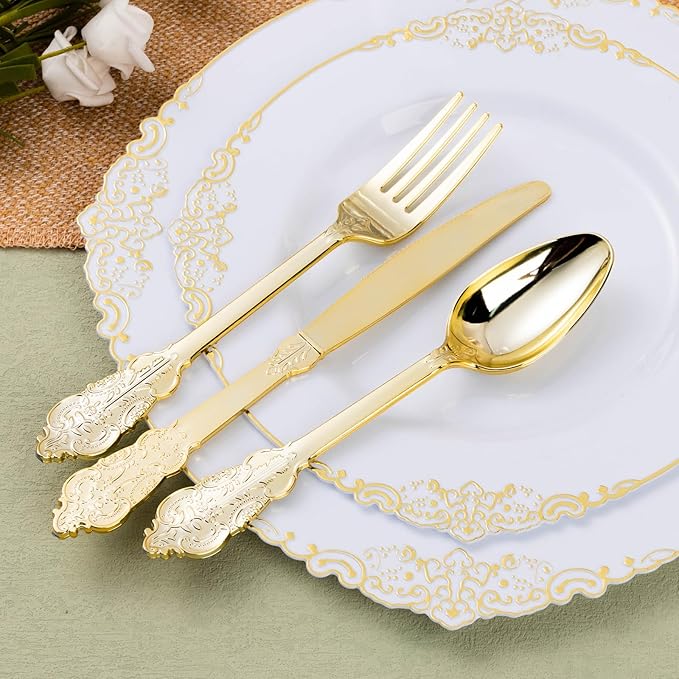 50 Pack Gold Plastic Silverware with Pre Rolled Napkins for 50 Guests, Heavyweight Gold Disposable Utensils Sets Includes 150 Plastic Cutlery, and 50 Napkins for Party & Wedding
