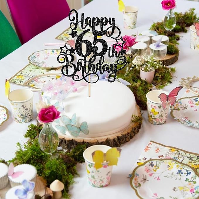 1 PCS Happy 65th Birthday Cake Topper Glitter Cheers to 65 Years Birthday Cake Pick Hello 65 Fabulous Cake Decoration for Happy 65th Birthday Anniversary Party Decorations Supplies Black