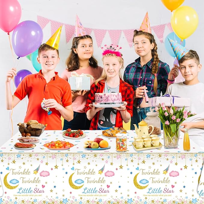 Oigco 3 Packs Twinkle Twinkle Little Star Gender Reveal Party Decorations Tablecloths，Pink Blue Little Star Gender Reveal Tablecloth for Baby Shower Supplies Girls or Boys Theme Party 54" x 108"