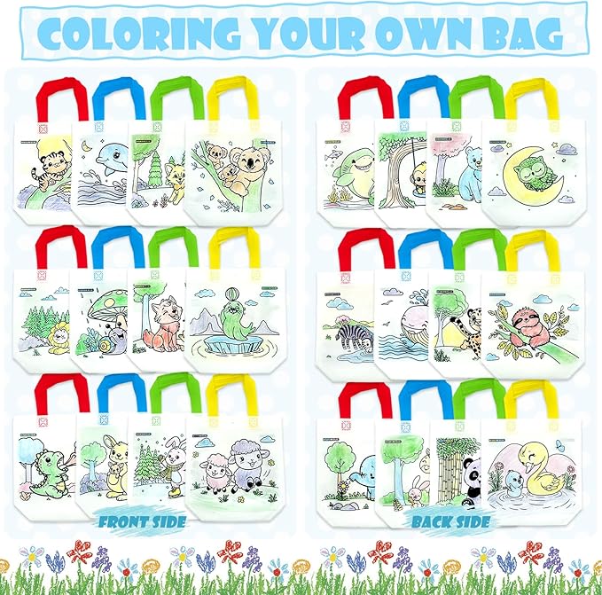 HahaMagic 12 Coloring Goodie Bags with 12 Crayons(12-in-1), Reusable Art Party Favors for Kids Classroom, Birthday Party, Craft Supplies, Mini Tote Bags and Goodie Bags Stuffers for Kids
