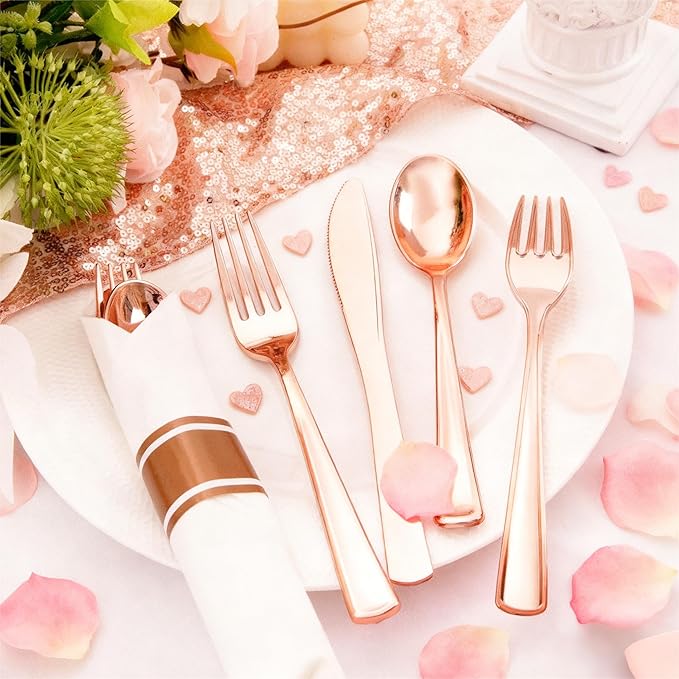 Liacere 100Pack Rose Gold Plastic Silverware - Pre Rolled Napkins with Rose Gold Cutlery - Wrapped Silverware Set Disposable100 Forks Knives Spoons Wrapped Utensils for Wedding＆Valentine's Day