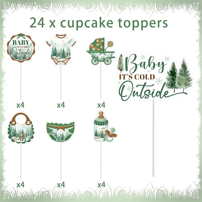 Baby Its Cold Outside Baby Shower Decorations, Winter Forest Cake Topper & 24 Cupcake Toppers, Woodland Green Party Supplies (Pack of 25)