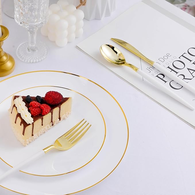 150 PCS White Gold Plastic Utensils for 50 Guests, Gold Disposable Silverware with 50 Knives, 50 Spoons and 50 Forks, BPA Free, Ideal for Weddings, Birthdays & Graduation