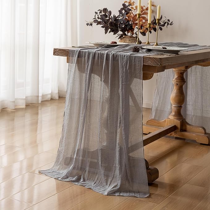3pcs Grey Gauze Rustic Cheesecloth Table Runner 120 Inch 10 FT for Wedding Baby Shower Bridal Shower Birthday Engagement Garden Outdoor Party Long Sheer Boho Decorations