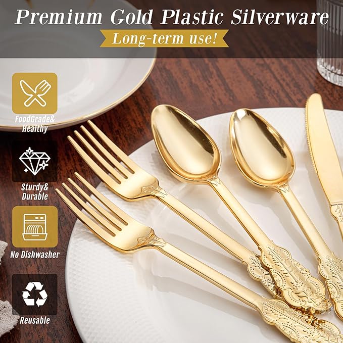 WDF 300 Pieces Gold Plastic Silverware Disposable - Heavy Duty Christmas Plastic Cutlery - Gold Silverware Sets Includes 100 Forks, 100 Spoons, 100 Knives