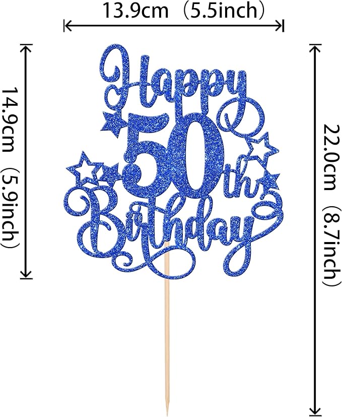 1 PCS Happy 50th Birthday Cake Topper Glitter Cheers to 50 Years Birthday Cake Pick Hello 50 Fabulous Cake Decoration for Happy 50th Birthday Anniversary Party Decorations Supplies Blue