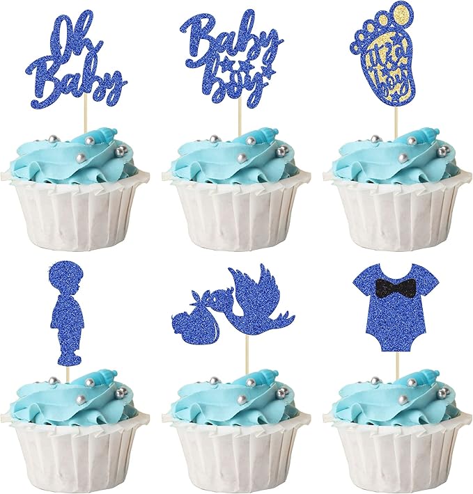 24Pcs Baby Shower Oh Baby Cupcake Toppers with Onesie Swan Baby Boy Footprint Deep Blue Glitter Cake Picks Decorations for Baby Shower Gender Reveal It's a Boy Birthday Party Supplies
