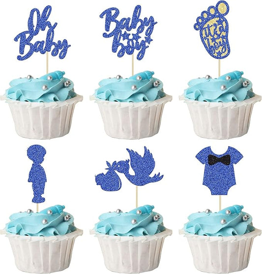 24Pcs Baby Shower Oh Baby Cupcake Toppers with Onesie Swan Baby Boy Footprint Deep Blue Glitter Cake Picks Decorations for Baby Shower Gender Reveal It's a Boy Birthday Party Supplies