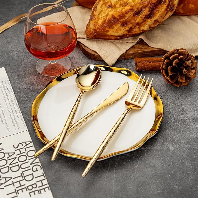 SUT 300PCS Gold Plastic Silverware, Gold Plastic Utensils, Heavy Duty plastic Silverware, Includes:100 Knives, Forks and Spoons, Birthday, Wedding, Hammered silverware Set