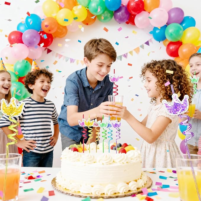 LEDUO 24Pcs Glitter Princess Party Favors-Reusable Crown Drinking Straws - Birthday Party Supplies-Boys Girls Party Decorations-Princess Theme Birthday Party Crazy Silly Straw with 2 Cleaning Brushes