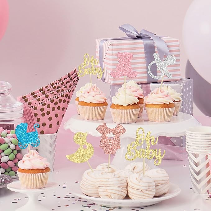 Gyufise 36Pcs Baby Shower Cupcake Toppers Glitter Oh Baby Cupcake Picks Bear Pacifier Baby Carriage Gender Reveal Cake Decorations for Baby Shower Kids Birthday Party Supplies Colorful