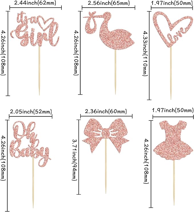 Gyufise 36 Pack Oh Baby Cupcake Toppers It's a Girl Cupcake Toppers with Bow Dress Love Heart Rose Gold Glitter Cake Picks Decorations for Baby Shower Girl Birthday Party Supplies