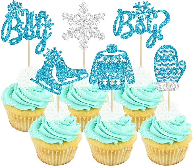 24Pcs Snowflake It's a Boy Cupcake Toppers Glitter Gloves Sweater Winter Frozen Cupcake Picks Wonderland Boys Birthday Baby Shower Cake Decorations Party Supplies Blue